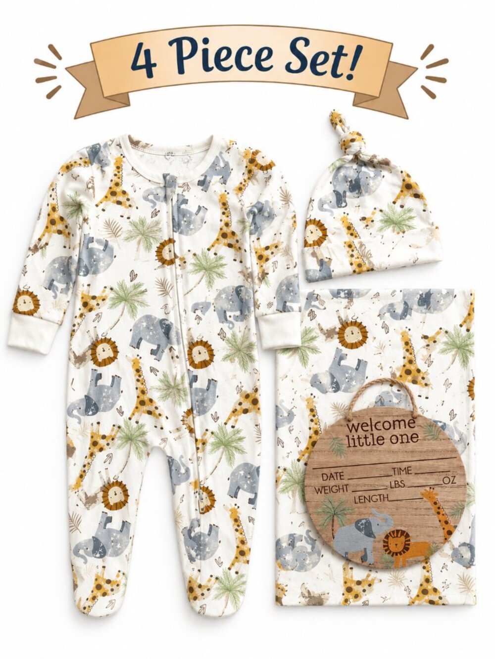 NWT Baby Essentials 4 Piece Baby Boy Gift Set 3 Months Safari Bamboo Sleeper